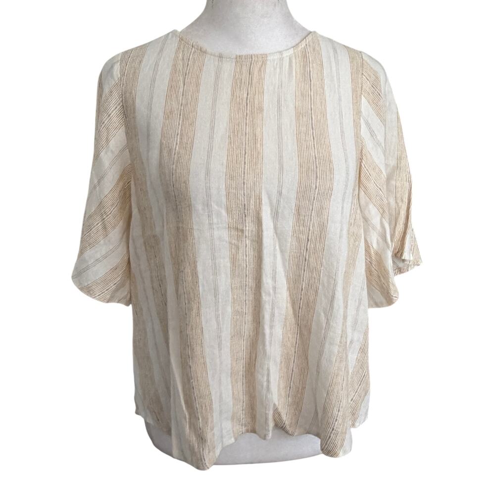 Gentle Fawn Ivory and Gold Striped Boxy Linen Short Sleeve Top Womens Size XS